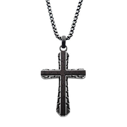 The Antique Gun Metal Sepulchre Genuine Ebony Wood Inlayed Cross Pendant by INOX hangs vertically on a chain against a plain white background.