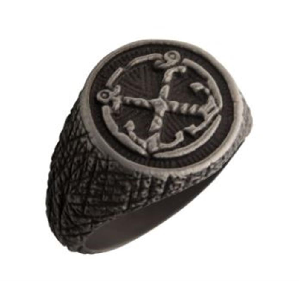 The INOX Black Plated Antique Finish Steel Anchor Inlay Ring, available in size 12, features a rugged, black-toned design with a textured band. The round face showcases a prominently raised anchor emblem with an antique finish, while the crosshatched band adds to the vintage nautical theme.