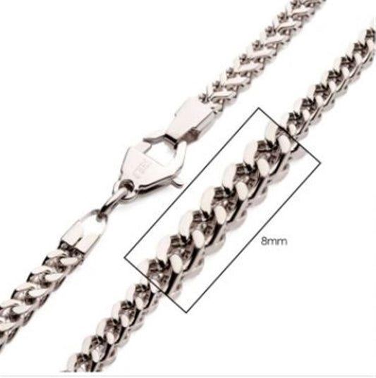 A close-up image of the 8mm Steel Franco Chain highlights its interlocking links and secure lobster clasp. The chain, measuring 22 inches in length and crafted from stainless steel, is branded by INOX. A boxed section emphasizes the chain's width of 8mm.