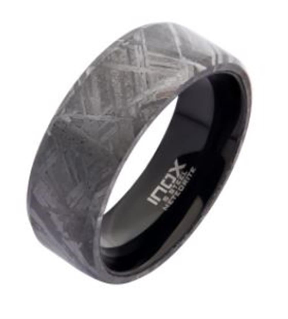 Product Description: The Men's Solid Meteorite Inlay Black Plated Ring by INOX in size 10 boasts a textured silver-toned tungsten exterior with a modern, geometric design and a sophisticated brushed finish. Inside, the dark interior is elegantly engraved with "intalx Tungsten Carbide," adding an extra touch of refinement to this stylish piece.