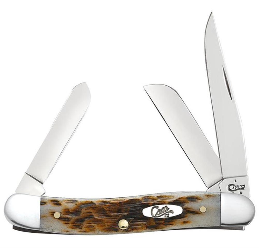 A Medium Stockman Knife from W.R. Case & Sons Cutlery Co., featuring three Case Tru-Sharp™ stainless steel blades and a handle with an Amber Bone texture. One side of the handle displays a shiny, flat oval emblem with the brand name "Case." The blades are showcased in an open position, revealing their sharp edges.