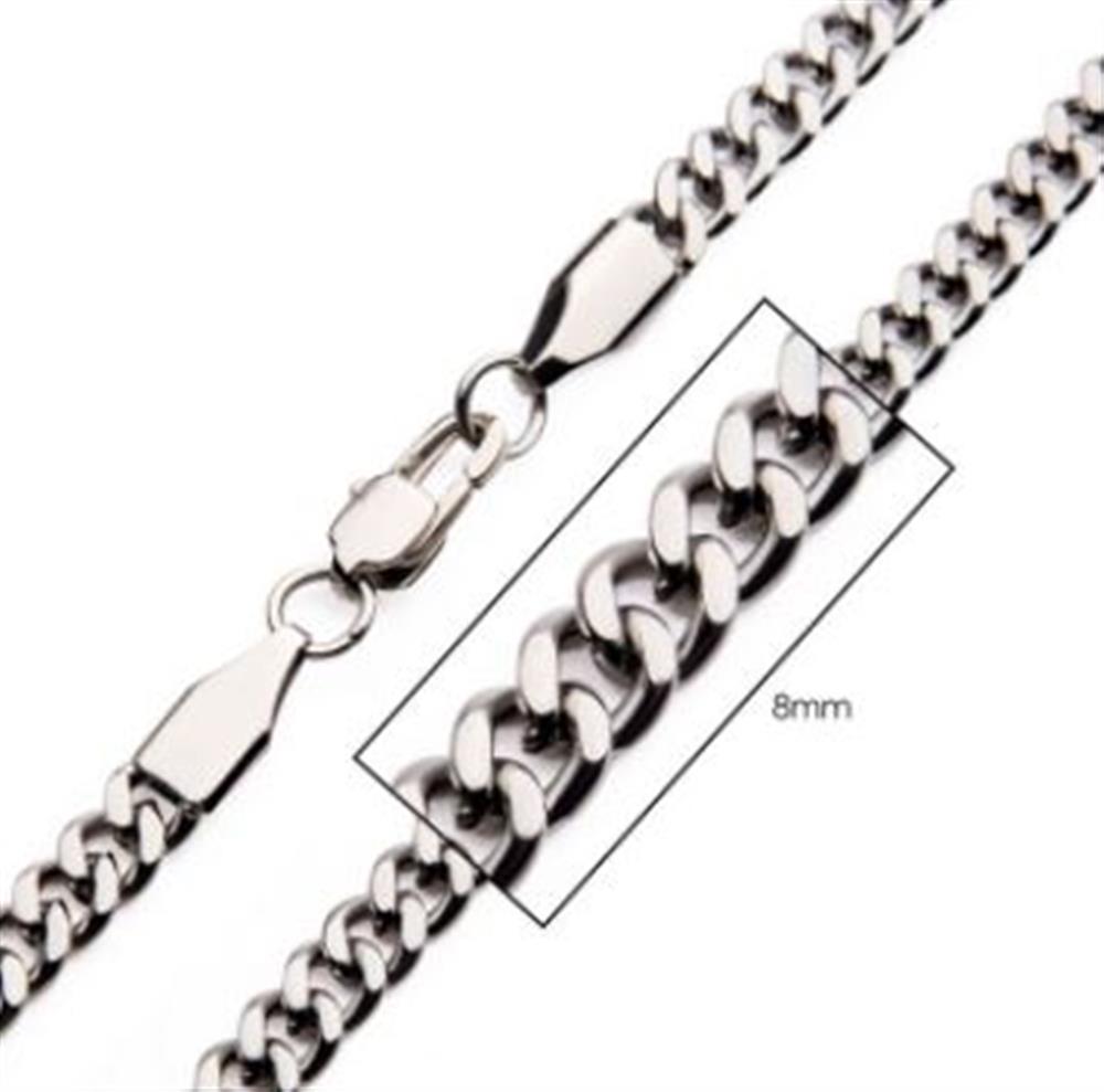 Close-up image of the INOX 8mm Diamond Cut Curb Chain Necklace with a lobster clasp. An overlay highlights its width and showcases the 24" men's stainless steel necklace.