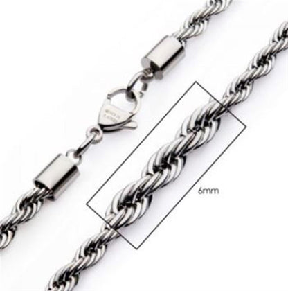 A close-up image of the INOX 6mm Steel Rope Chain, a men's twisted rope necklace crafted from durable stainless steel with a lobster clasp closure, measuring 22 inches in length.