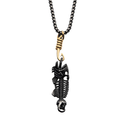 The INOX Black Plated Fishbone Pendant, suspended from a polished gold-plated hook and paired with a black plated box chain, features an intricately designed fish skeleton in black metal. The contrasting elements make this an eye-catching men's pendant.