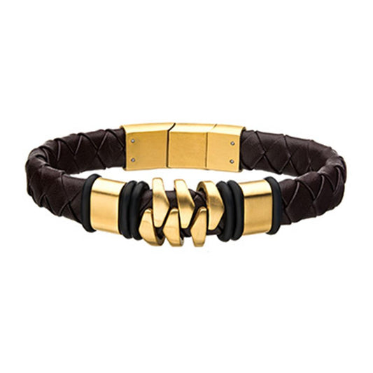 The Men's Stainless Steel Gold Plated Brown Leather Bohemian Bracelet by INOX features a woven dark brown leather band adorned with gold-tone rectangular metal accents and boasts a unique interlocking chain design at the center. The sophisticated and stylish appearance is further enhanced by a gold-tone clasp, completing the look of this distinctive men's bracelet.