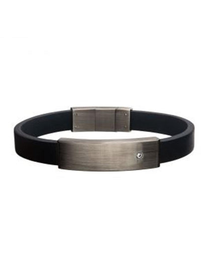 The Black Leather with 2mm Clear CZ in Engrave Steel ID Bracelet by INOX boasts a sleek, modern design featuring a black leather band and an engraved steel centerpiece. The brushed metal finish and the small clear CZ gemstone on the right side add a touch of elegance to this minimalist bracelet, perfectly marrying style with sophistication.