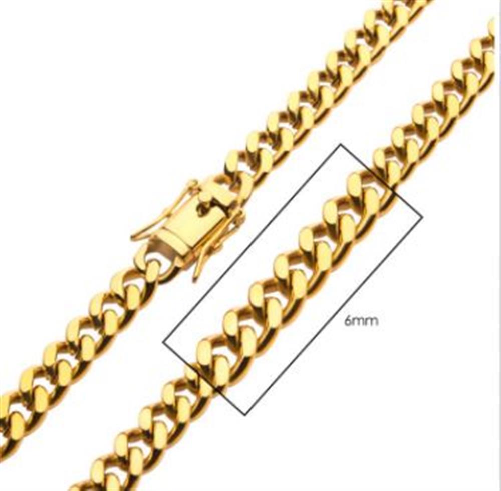 A close-up image of the INOX 6mm 18K Gold Plated Miami Cuban Chain for men, featuring a curb link design. The chain measures 6mm in width, highlighted by a rectangle surrounding a section of the chain. A clasp is visible on the left side of the image.