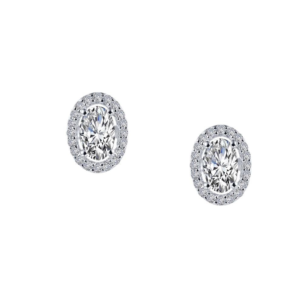 Behold the Oval Halo Stud Earrings by Lafonn: a pair of elegant oval-shaped diamond stud earrings, each surrounded by a halo of smaller round diamonds. These sterling silver earrings possess a sparkling, brilliant appearance set against a pristine white background.