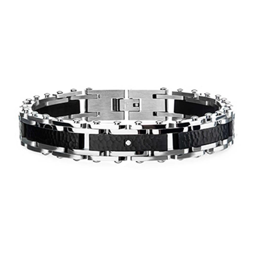 Introducing the INOX Men's Two Tone Steel, Black Hammered Bracelet with CZ's. This stylish bracelet combines stainless steel and black carbon fiber, featuring a sleek, modern design with a sturdy clasp and textured details. It's the perfect accessory for any occasion.