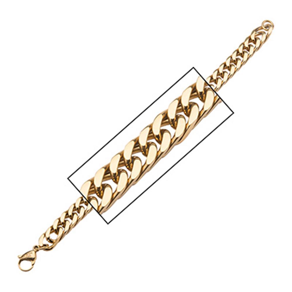 The INOX Gold Plated Fancy Curb Chain Bracelet featuring large, interlocking gold plated links and a lobster clasp closure is displayed against a white background. The center portion of the bracelet is highlighted with a black rectangular border.