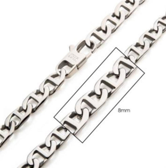 A close-up of the 8mm Steel Mariner Link Chain by INOX, showcasing its stainless steel rectangular links. A zoomed-in section highlights an individual link with a measurement labeled as "8mm".