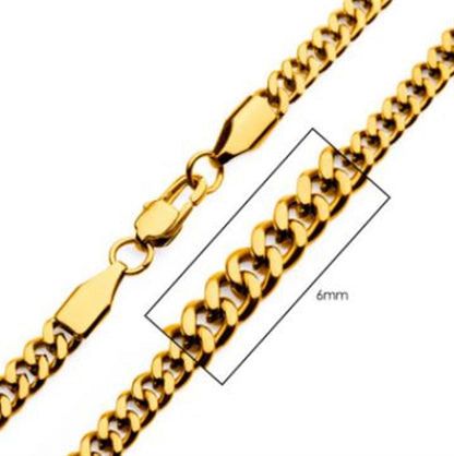 A close-up image of the INOX 6mm 18K Gold Plated Diamond Cut Curb Chain with a box clasp. The men's necklace features interlocking oval links. A rectangular measurement box shows that the width of the chain is 6mm, and it has a length of 24 inches.