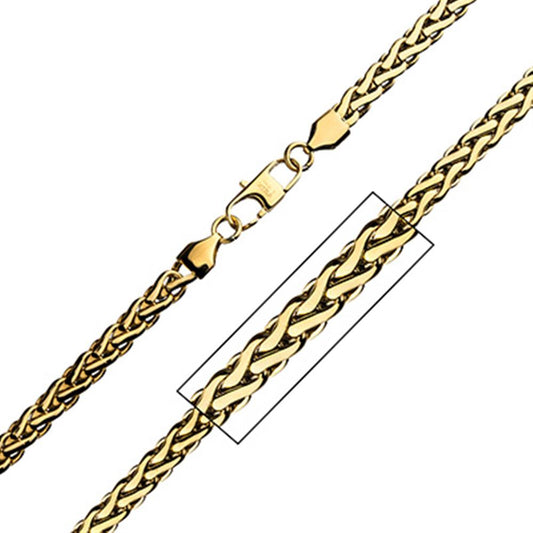 A close-up image of the Men's Stainless Steel Gold Plated 5mm French Rope Chain necklace by INOX features a lobster clasp. A small rectangular inset magnifies a section of the 5mm chain, highlighting its twisted, interwoven links and polished, shiny finish.