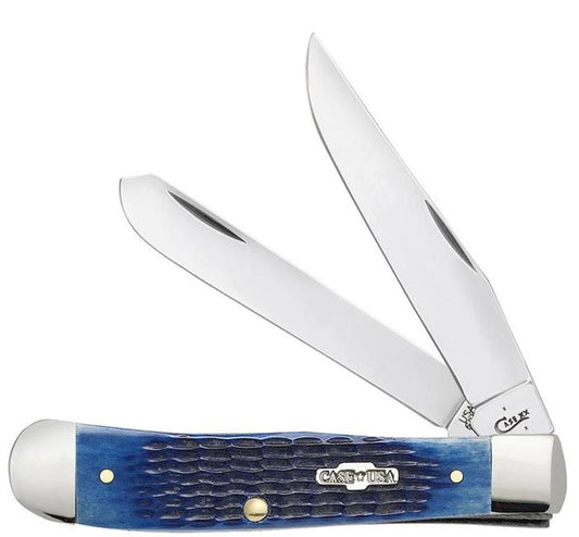 Introducing the Blue Bone Rogers Corn Cob Jig Trapper from W.R. Case & Sons Cutlery Co., a pocket knife with two open blades. It features a Blue Bone handle with a distinct Corn Cob Jig pattern and has the brand name "Case" engraved on a small metal plate. The stainless steel blades and overall design embody the classic, traditional Trapper style.