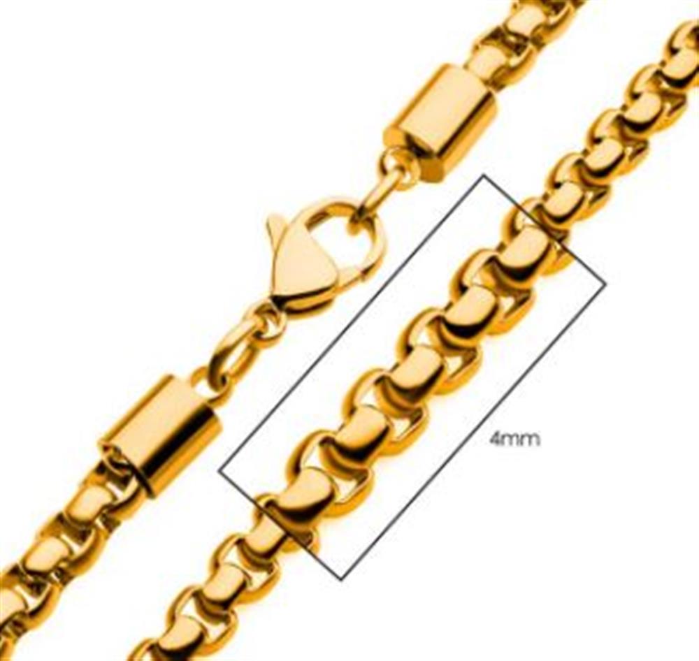 Close-up of the 4mm 18K gold plated Bold Box Chain Necklace by INOX, showcasing its secure lobster clasp and cylindrical clasp. This men's stainless steel 20" necklace highlights the interlocking oval links with a gap between the links to emphasize the width of 4mm.