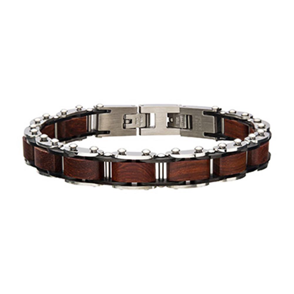 The INOX Men's Stainless Steel with Sandalwood Link Bracelet, measuring 8 1/2 inches long, showcases a stylish blend of stainless steel and polished brown sandalwood links. This design features alternating silver chrome and wood segments, connected by small metal bolts and finished with an adjustable stainless-steel clasp.