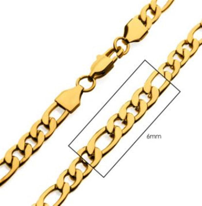 Close-up of the 6mm 18K Gold Plated Figaro Chain by INOX, showcasing interlocking links and a lobster clasp. A rectangular marker accentuates part of the chain, highlighting the 6mm width of the links.