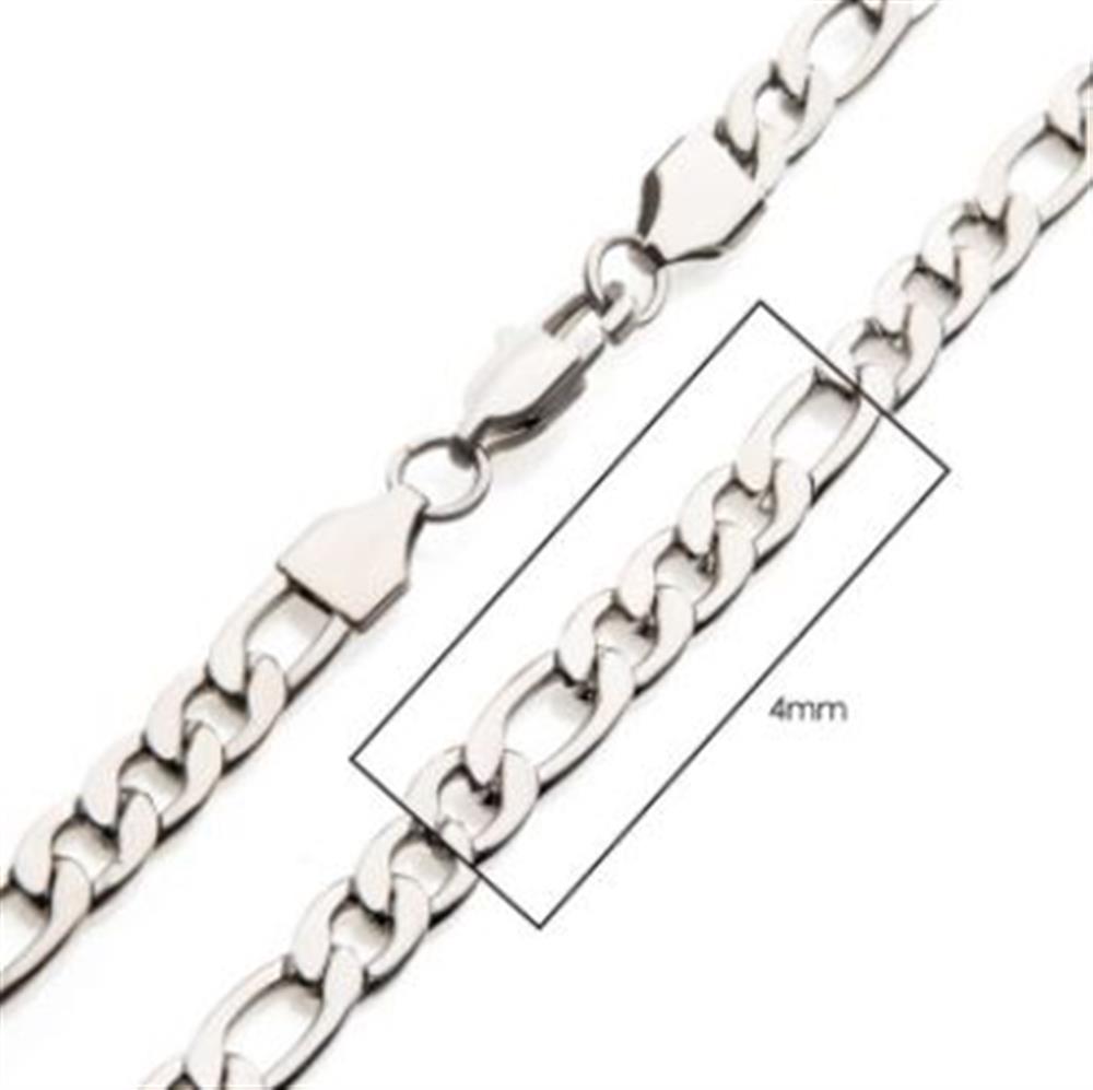 Close-up image of the INOX 4mm Steel Figaro Chain | 20" showcasing its stainless steel silver chain with interlocking oval links. A zoomed-in section highlights the link design with a note indicating the width as 4mm. The clasp is also visible. This stylish piece is perfect as a men's necklace with its sleek and modern Figaro chain pattern.