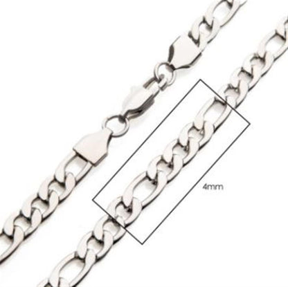 Close-up image of the INOX 4mm Steel Figaro Chain | 20" showcasing its stainless steel silver chain with interlocking oval links. A zoomed-in section highlights the link design with a note indicating the width as 4mm. The clasp is also visible. This stylish piece is perfect as a men's necklace with its sleek and modern Figaro chain pattern.