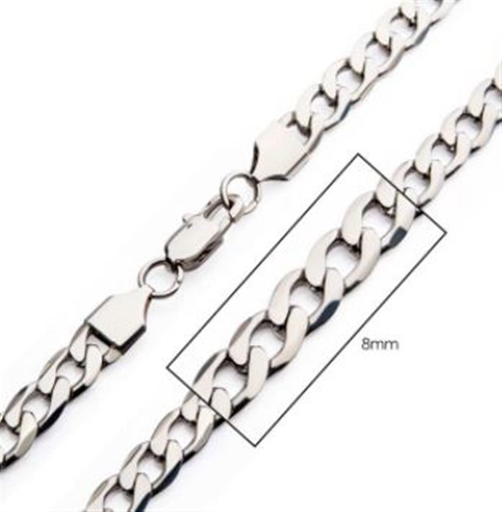 A detailed close-up view of the INOX 8mm Steel Bevel Curb Chain for men, featuring a lobster claw clasp. The chain's intricate links and design are highlighted. A rectangular box marking "8 mm" emphasizes the width of the 8mm bevel curb chain links.