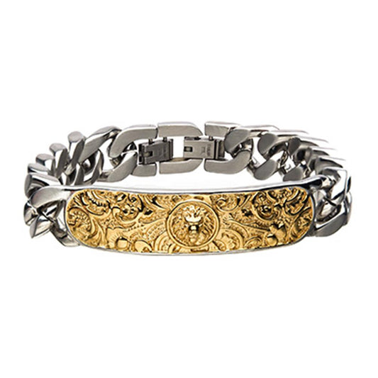 The INOX Men's Stainless Steel with Gold IP Nymeria Lion ID Chain Bracelet features a gold-plated Nymeria lion and floral design on a central gold-colored metal plate. The ID curb chain bracelet has large interlocking links and a secure clasp.