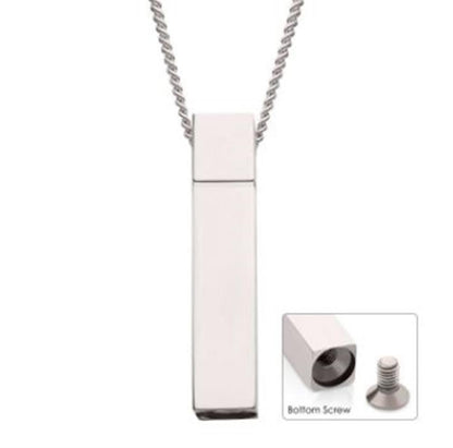 The Keepsake Urn Engravable Pendant with Chain by INOX features a stainless steel rectangular pendant with a smooth, polished finish hanging on a twisted chain. An inset image shows the screw-off bottom of the pendant, revealing a hollow interior perfect for holding cherished memories.