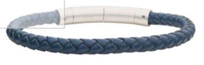 A close-up of the 6mm Blue Genuine Leather Bracelet from INOX, showcasing its dark blue leather with a tightly woven texture and a brushed tubular press clasp in sleek stainless steel. Designed specifically for men, this accessory combines elegance and durability.