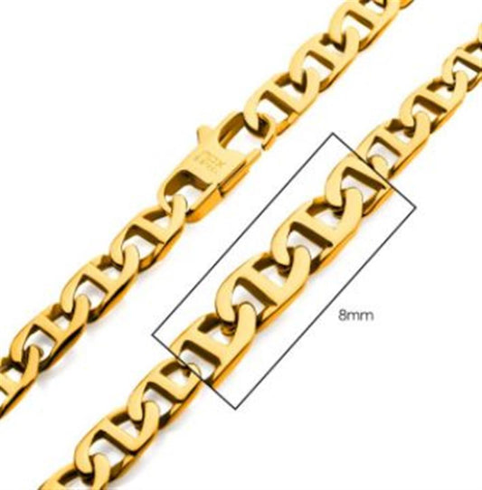 Close-up image of the INOX 8mm 18K Gold Plated Mariner Link Chain with a rectangular section zoomed in to highlight its intricate details. The chain links feature a thick, interlocking design, with the zoomed-in section indicating that each link is 8mm wide.