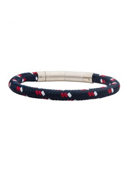 The 6mm Blue, White and Red Nylon Cord Bracelet by INOX features a navy blue base intricately adorned with red and white thread detailing throughout its 8-8.5" length. It includes a brushed tubular press clasp for fastening.