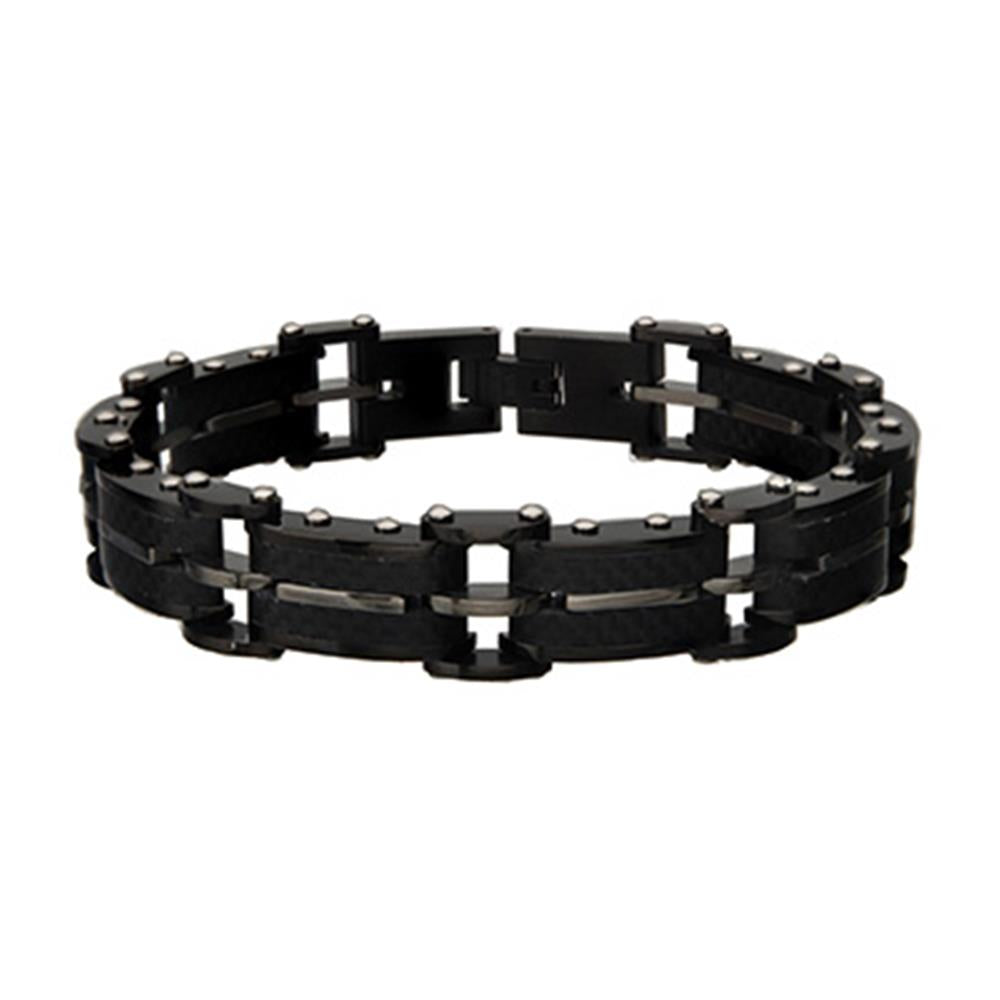 Introducing the Men's Black Carbon Fiber and Matte Finish ID Link Bracelet by INOX, a modern and stylish accessory designed with sleek interconnected rectangular links and accented with small circular studs. Featuring a slight sheen, this bracelet boasts an elegant and polished appearance.