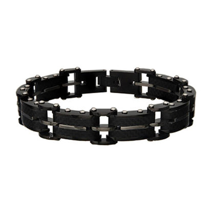 Introducing the Men's Black Carbon Fiber and Matte Finish ID Link Bracelet by INOX, a modern and stylish accessory designed with sleek interconnected rectangular links and accented with small circular studs. Featuring a slight sheen, this bracelet boasts an elegant and polished appearance.