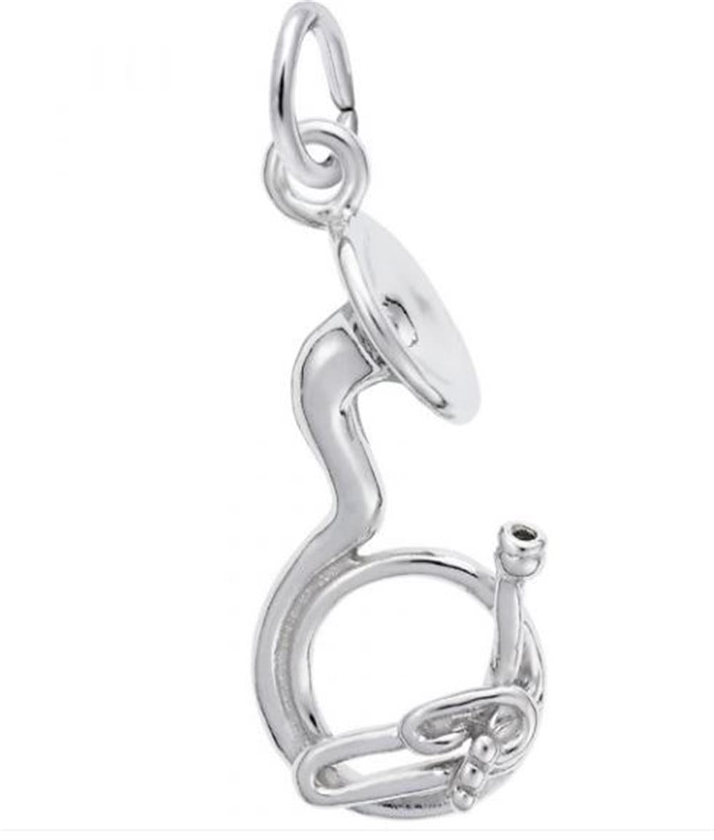 A sterling silver charm shaped like a coiled tuba, featuring detailed elements such as the mouthpiece and tubing, with a small loop at the top for attaching it to a bracelet or necklace. The background is plain white. This exquisite piece is from Rembrandt Charms and is named "Tuba - Sterling Silver Charm.