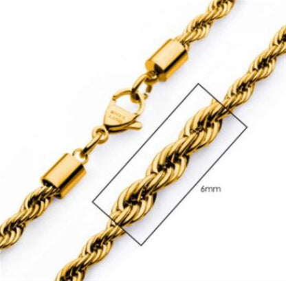 Close-up image of the 6mm 18K Gold Plated Rope Chain by INOX, featuring a lobster claw clasp. A section of the men's necklace is highlighted with a rectangle, indicating the 6mm diameter.