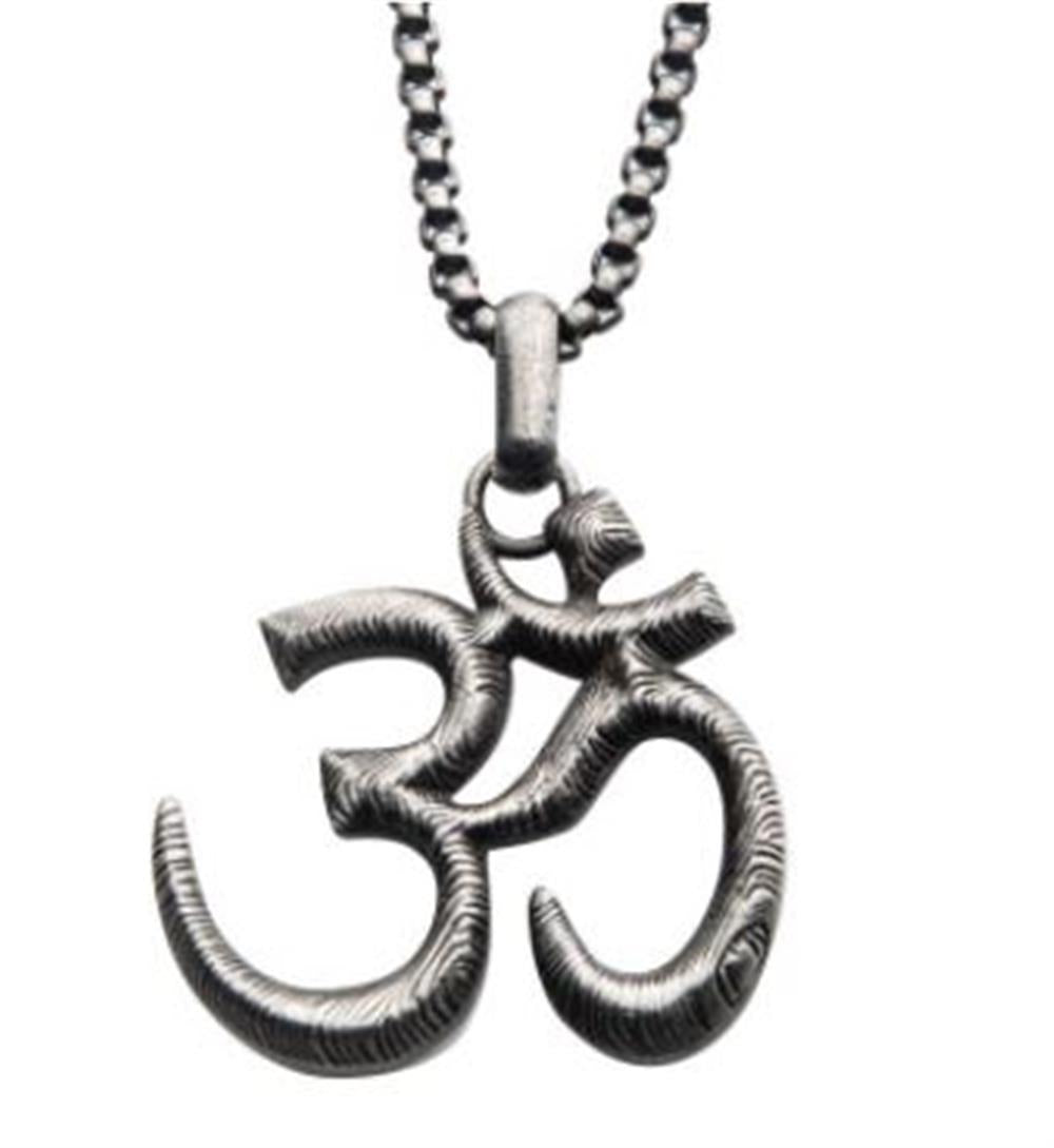 The Men's Stainless Steel with Antique Finish OM Symbol Pendant by INOX features the sacred "Om" symbol, a spiritual icon in Hinduism. This pendant boasts a textured, antique finish and comes attached to an elegant steel box chain.