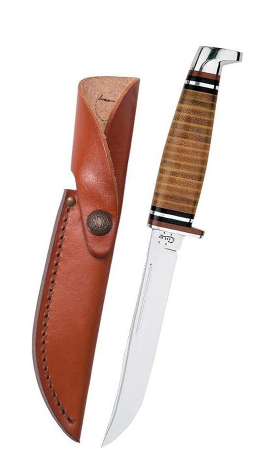 The W.R. Case & Sons Cutlery Co. Leather Hunter with Sheath boasts a polished steel blade and a handle adorned with layered leather rings. This exquisite knife comes with a brown leather sheath that features stitched detailing, a button clasp, and a loop for easy attachment. Ideal for outdoor adventures, the knife is displayed next to its meticulously crafted sheath.