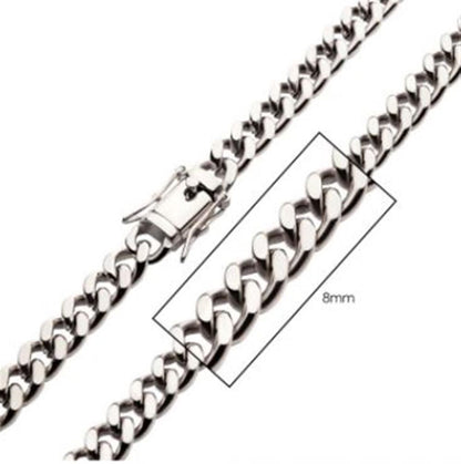 A close-up view of the INOX 8mm Steel Miami Cuban Chain | 24" showcases a sleek, polished stainless steel design. One section of the chain features a box drawn around it to highlight the 8mm width of its links. The clasp mechanism is visible in the upper left part of the image.