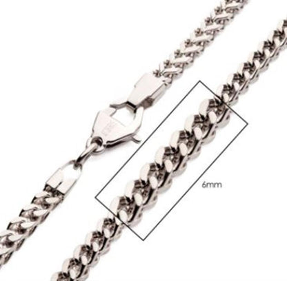 A close-up image of the INOX 6mm Steel Franco Chain for men with a lobster claw clasp is displayed on the left. A rectangular overlay on the right magnifies the intricately woven Franco style links, indicating their width as 6mm.