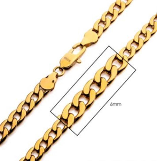 A close-up of the INOX 6mm 18K Gold Plated Classic Curb Chain | 24" with a segment highlighted by a black rectangle indicating its width of 6mm. This necklace features a classic curb link design and a secure clasp mechanism for fastening.