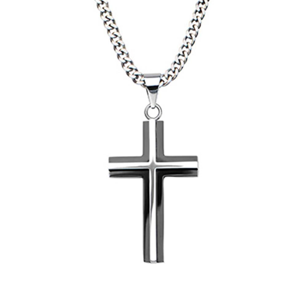 The INOX Stainless Steel Black Plated & Steel 3D Cross Pendant with chain features a sleek, modern cross pendant. The cross boasts clean lines and a polished finish, attached to a thick, robust chain. The stainless steel design is simple yet elegant, reflecting light on its smooth surface.