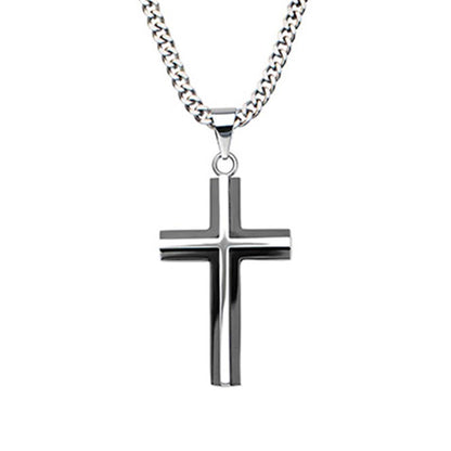 The INOX Stainless Steel Black Plated & Steel 3D Cross Pendant with chain features a sleek, modern cross pendant. The cross boasts clean lines and a polished finish, attached to a thick, robust chain. The stainless steel design is simple yet elegant, reflecting light on its smooth surface.