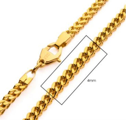 A close-up image of the INOX 4mm 18K Gold Plated Franco Chain, showcasing a sleek and elegant design. This 20" chain features a clasp, making it perfect for any occasion.