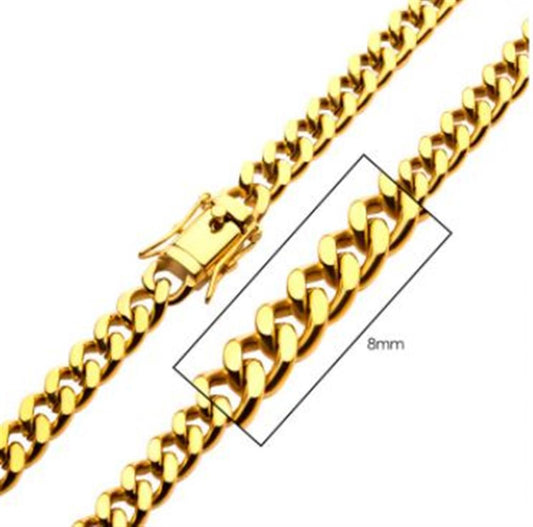 A gold-plated, 8mm wide Miami Cuban chain necklace with a lobster clasp from INOX is displayed. A section of the chain is highlighted to show its 8mm width. This men’s 18K gold-plated stainless steel chain features interlocking links and has a polished, shiny finish. The chain is 20 inches long.