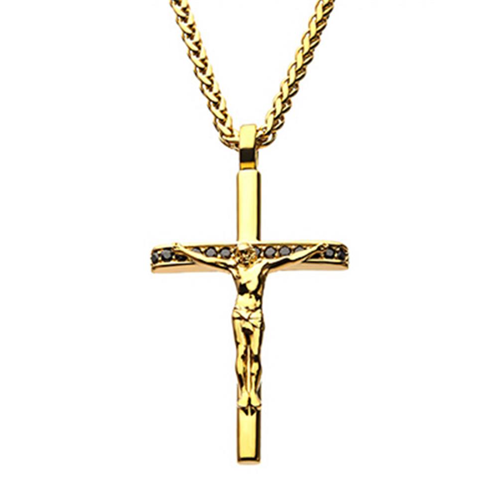 The Men's Stainless Steel Gold Plated Pendant Necklace by INOX features a detailed Jesus Christ cross pendant adorned with small dark stones on its vertical and horizontal bars. This piece offers timeless elegance, making it perfect for those seeking a sophisticated design.