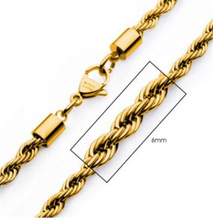 Close-up of the 6mm 18K gold plated rope chain by INOX, featuring a lobster clasp. The chain's width, labeled as 6mm, is showcased beautifully. The clasp and part of the twisted design links are shown in detail, emphasizing the intricate craftsmanship of this stunning piece.