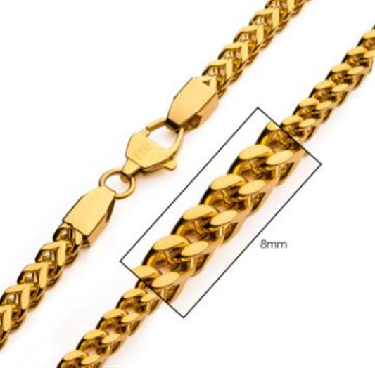 Close-up image of the INOX 8mm 18K Gold Plated Franco Chain necklace with a lobster clasp. A portion of the chain is highlighted with a rectangle and labeled "8mm" to indicate the chain's thickness. The 20" Men's Stainless Steel Necklace features interlinked, polished links.