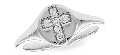 The Allison Kaufman Diamonds 14k Gold Cross Ring showcases a raised cross design embellished with delicate, sparkling diamonds. This piece exudes elegance and modernity with its smooth, shiny finish.