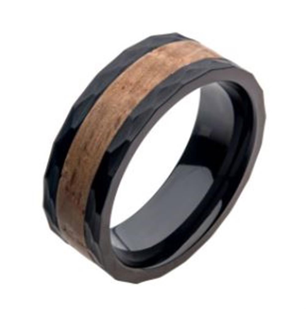 The Men's Whiskey Barrel Wood Inlay Black Plated Steel Ring by INOX, available in size 10, features a polished black-plated steel body with a beveled design and a central band made of whiskey barrel wood. The wooden inlay contrasts beautifully with the sleek black metal, offering a stylish and modern look.