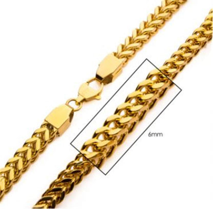 Image of the 18K Gold Plated Franco Chain by INOX with a close-up view highlighting its design and a 6mm measurement indicator. The men's necklace, named "6mm 18K Gold Plated Franco Chain | 24"" by INOX, features a series of interlinked, polished links and has a clasp mechanism for fastening.