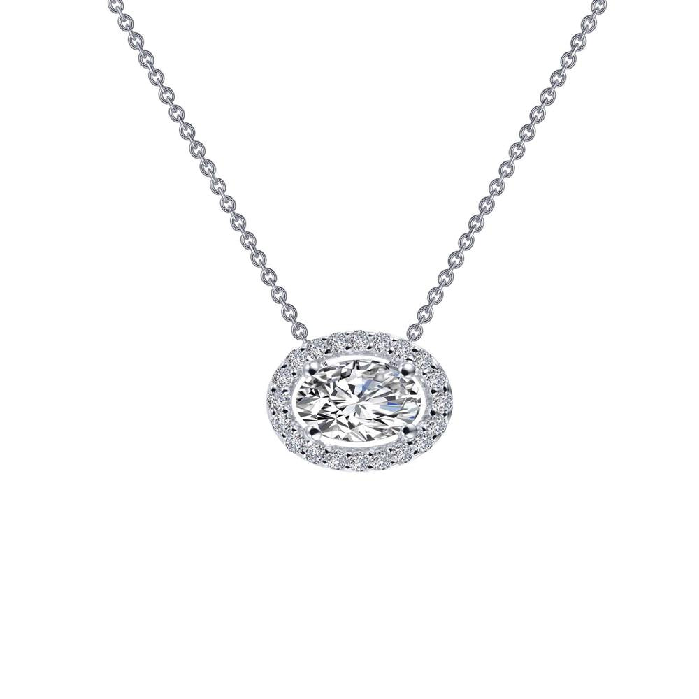 The Lafonn Oval Halo Necklace showcases a delicate sterling silver chain, featuring a central large round-cut diamond encircled by an oval halo of smaller diamonds. Both the diamonds and the chain exhibit a bright, sparkling appearance.