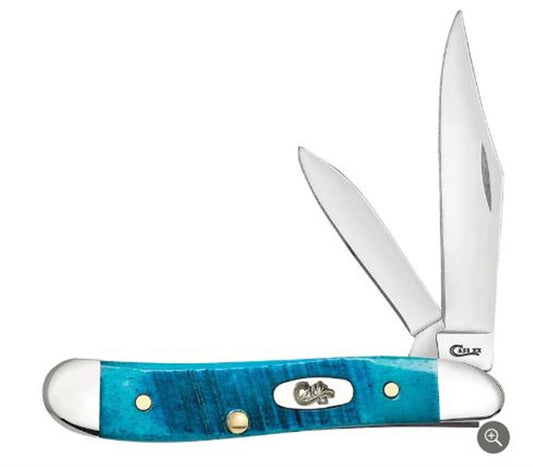 An image of the W.R. Case & Sons Cutlery Co. Sawcut Jig Caribbean Blue Bone Peanut knife with two open blades, featuring a Caribbean Blue Bone handle with silver bolsters and brass pins. The handle has an oval emblem displaying the brand's name. This Peanut knife showcases a sleek and polished design.